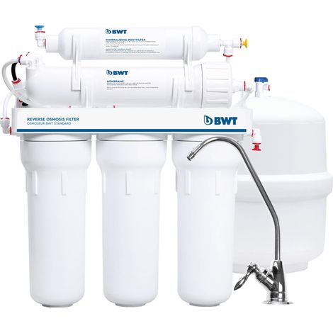 Sistema ad osmosi inversa domestico BWT MO575MBWT – Senza pompa per una pressione in ingresso di 3-6 bar – 5 stadi con REMINERALIZZATORE – 75 GPD, portata di 11,8 L/h, serbatoio da 12 L (1/5)