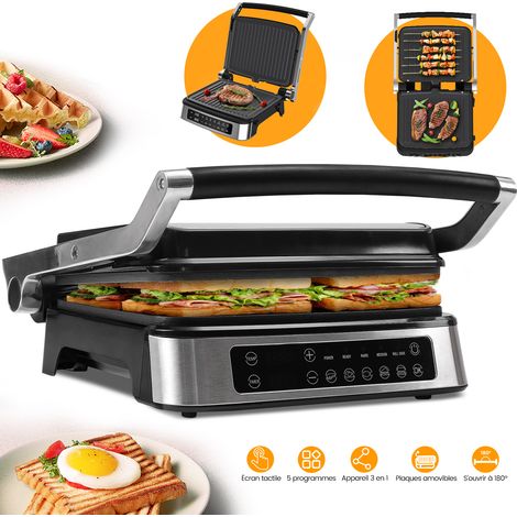 Grille Viande & Panini & Barbecue 3 en 1, Plaques Amovibles, 5 Modes Automatiques, Ouverture à 180°, 2100 W