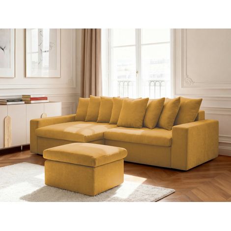 BOBOCHIC - Canapé d'angle fixe ENORE tissu lisse avec pouf Angle gauche  Jaune