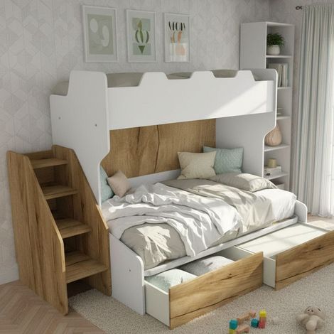 Letto a castello 3 posti con terzo letto estraibile e scaletta contenitore - Una piazza e mezza - Bianco e Quercia