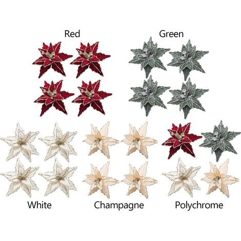 Bestalice 20 Pièces Fleurs De Poinsettia De Noël À Paillettes, Poinsettias De Noël Artificiels En Velours De Luxe Pour La Décoration D'arbres De Noël Et De Couronnes (E) (1/5)