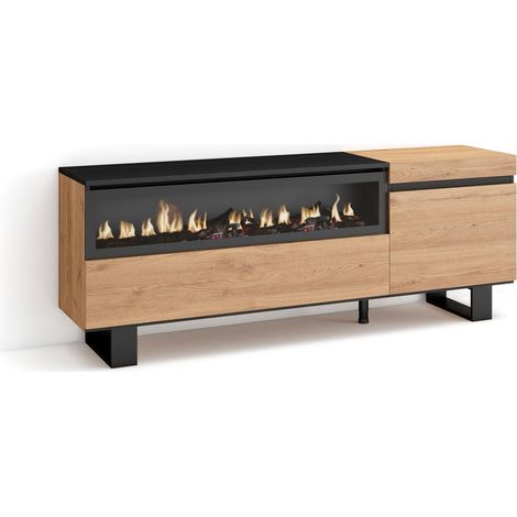 Skraut Home - Mobile TV Soggiorno, Ampio spazio a disposizione, 150x57x35cm, Per TV fino a 65", Camino elettrico, Design industriale, Stile moderno, Rovere e nero (1/5)