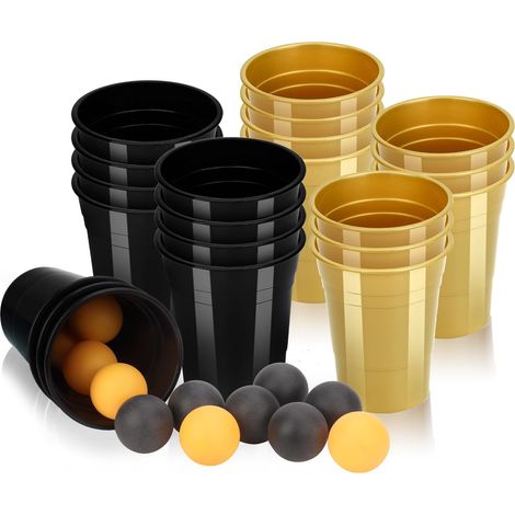 Lot de 22 gobelets à bière pong - 12 balles de ping pong - En plastique rigide - Réutilisables - 473 ml - Pour fête - Pour amis, famille, fête (noir et doré) (1/5)