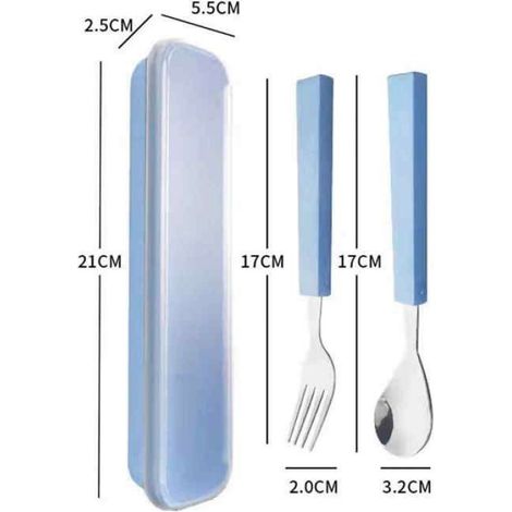 Lot de 2 couverts enfant, acier inoxydable, bleu, fourchette et cuillère, repas quotidien (1/4)