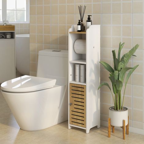 Armoire de toilette compacte 18x20x90 cm blanc, meuble bas et étagères en panneau de particules. (1/5)