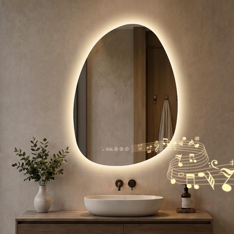 S'AFIELINA Badspiegel mit Beleuchtung Asymmetrisch 75 x 55 cm mit 3 Lichtfarben dimmbar, beschlagfrei, Bluetooth, Uhr, Temperatur, Speicherfunktion