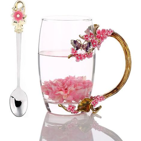 Tasse créative en verre de cristal pour boissons chaudes, thé glacé – Papillon violet et fleur de prunier (sans boîte cadeau) (rose, grand (350 ml) (1/5)
