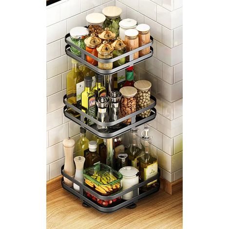 Etagère à épices rotative 3 niveaux – Support carré noir H 59 cm x L 24 cm – Barrières anti-chute – Conception modulable