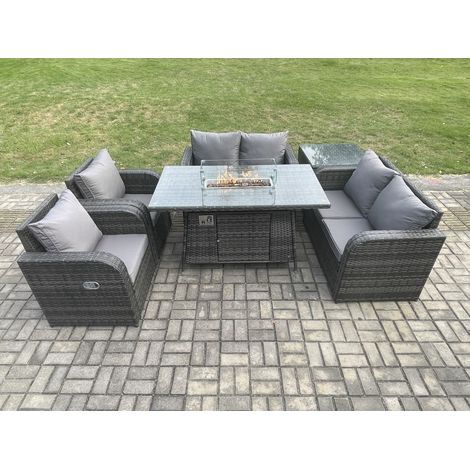 Fimous 6 places Salon de jardin en rotin Table de foyer à gaz et Sofa Chaise set avec Tables d'appoint (1/5)