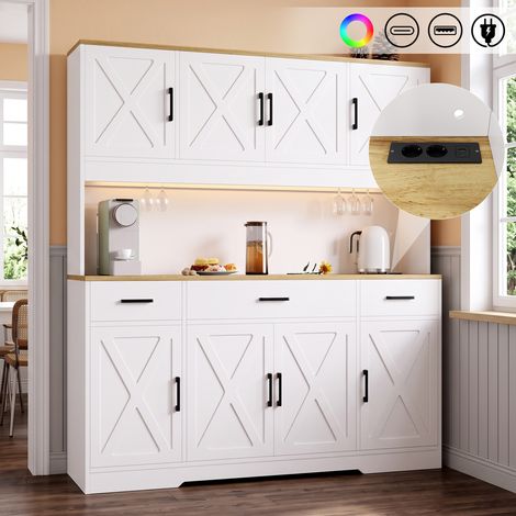 Aparador alto de comedor de 150 x 40 x 180 cm, con múltiples niveles de almacenamiento, 2 soportes para copas de vino, toma de corriente integrada y puertos USB-C y USB-A, con tira de luz de colores. (1/5)