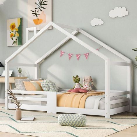 Lit Cabane Enfant 90x200cm - Pin Massif Blanc Barrière Anti-Chute - Lit Enfant - Sommier Lattes Inclus Toit Cheminée Ludique (1/5)
