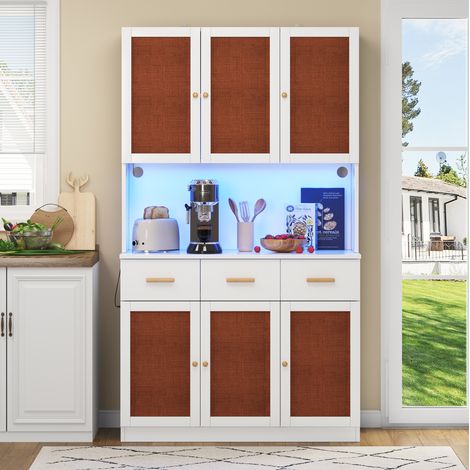 Credenza alta da cucina 105x43x182 cm con illuminazione LED e presa, 4 ante in tessuto e 3 cassetti, bianca (1/5)