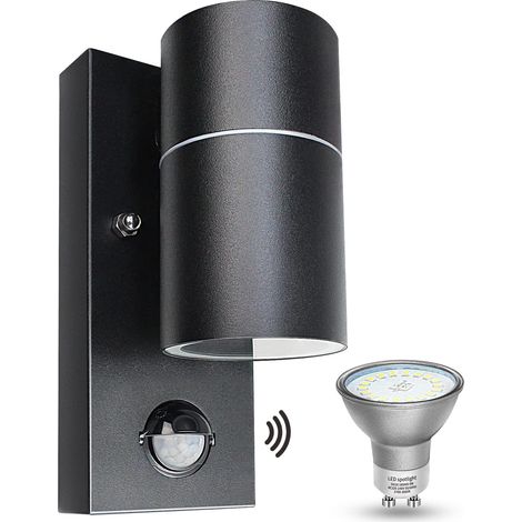 Applique Murale Exterieur/Intérieur Détecteur de Mouvement Noir 5W,Luminaire Exterieur LED Moderne GU10 500lm Blanc Chaud 3000K IP44 Étanche 1x GU10 Ampoule (1/5)