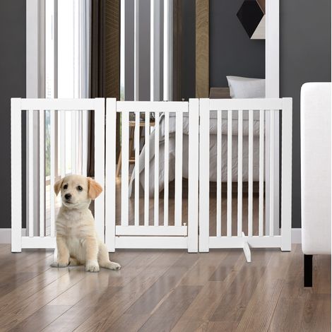 Barrera autoportante para perros, plegable, 155 x 1,5 x 76 cm, MDF blanco OKMYHOME (1/5)