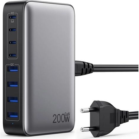 Chargeur multiple USB-C 200 W, chargeur portable USB-C 8 ports GAN III avec charge rapide PD, QC et PPS, adaptateur secteur 65 W compatible avec MacBook Air/Pro (1/5)