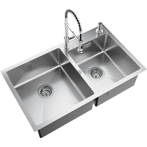 Auralum fregadero de cocina de acero inoxidable 75 x 45 cm fregadero empotrado para muebles bajos a partir de 80 cm + grifo mezclador de cocina de alta presión de 2 chorros (1/5)