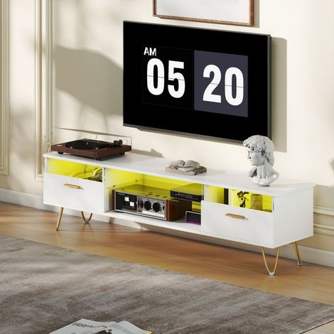 Meuble TV avec LED RGB de 16 couleurs meuble télé pour téléviseur jusqu'à 42 à 120 pouces, 160x35x42cm, blanc (1/5)