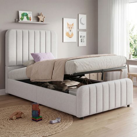 Cama tapizada, individual, infantil de 90 x 200 cm, cama funcional hidráulica, cama con somier de láminas, cabecero y amplio espacio de almacenamiento, cabecero tapizado, gris, lino (1/5)