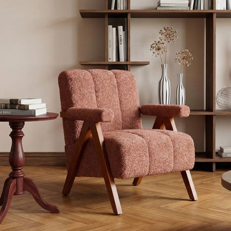 REDOM Poltrona da soggiorno bouclé, imbottitura in schiuma, struttura in legno massello di quercia, rust red (1/5)