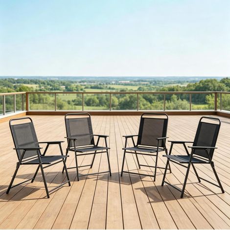 Set de 4 sillas de jardín plegables, respaldo alto y reposabrazos, acero y textileno negro (1/5)