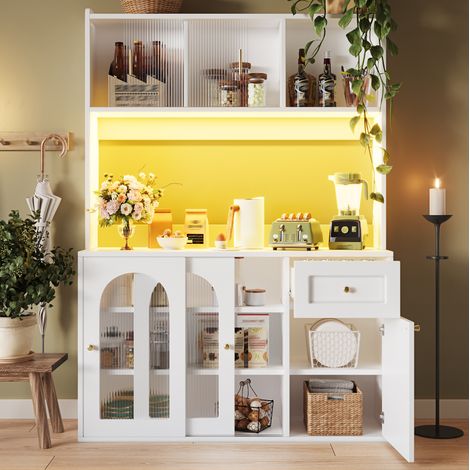 MEUBLIV Buffet haut blanc 120x35x167 cm – LED, étagères réglables et anti-basculement (1/5)