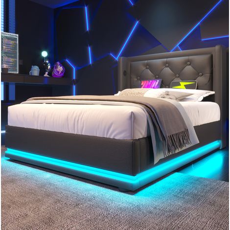lit coffre 90x200 cm USB Type-C et LED, PU noir HAVRYA (1/5)