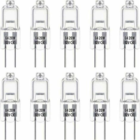 Komplettes Set mit 10 G4 12V 20W Halogenlampen. Sie emittieren warmweißes Licht (3000K, XU) mit einer Helligkeit von 350 Lumen. Die Lampen sind dimmbar und transparent. KZQ - KZQ (1/4)
