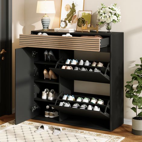 Meuble à chaussures 100×35×105 cm portes de tiroirs à double charnière, coloris bois noir et naturel, convient aux couloirs et aux entrées. (1/5)