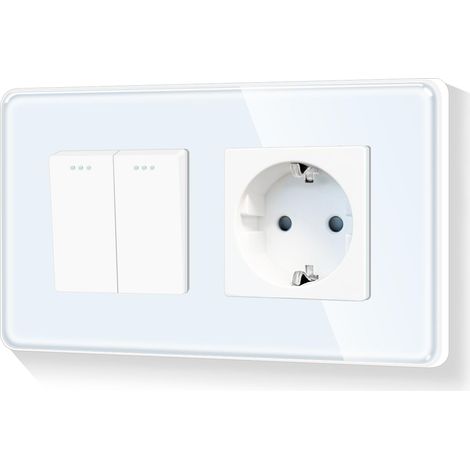 Interrupteur 2.5D Schuko 2 compartiments 1 voie - Interrupteur encastré - Panneau en verre - Interrupteur marche/arrêt avec prise simple - Blanc - 110-250 V - 157 mm (1/5)