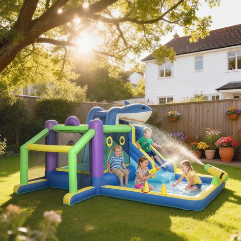 Château gonflable 8 en 1 avec motif requin, souffleur, toboggan, pataugeoire et trampoline pour les enfants de 3 à 8 ans, 405 x 345 x 235 cm, multicolore
