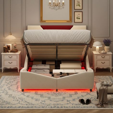 lit coffre 140x200 cm - châssis métallique de sommier, Lumières LED, tête de lit rembourrée, châlit, bordure souple, beige (1/5)