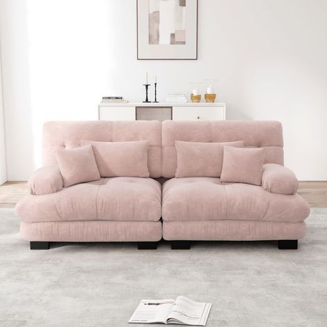 Canapé d'angle 2 places Cloud en chenille rose, structure bois massif, confort moelleux, modulable
