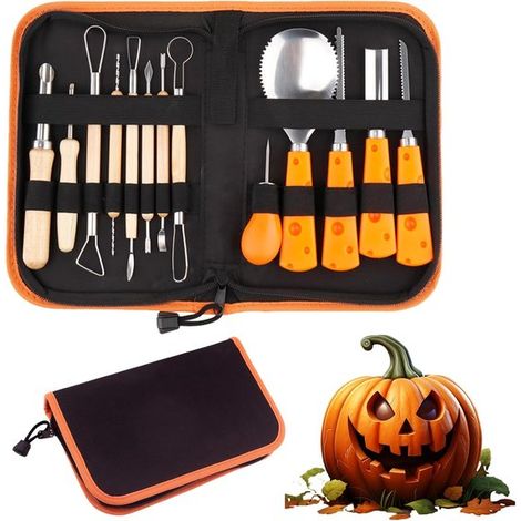 Halloween-Kürbisschnitzset，13-teilig，Professionelle Kürbisschnitzmesser aus Edelstahl mit Aufbewahrungstasche (1/5)