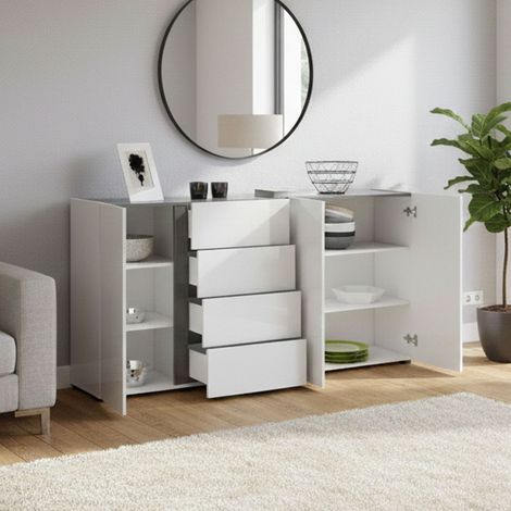 Aparador Baveno, Alacena 4 Estantes, Hecho en Italia, 38x180x92h cm Blanco Brillante (1/5)