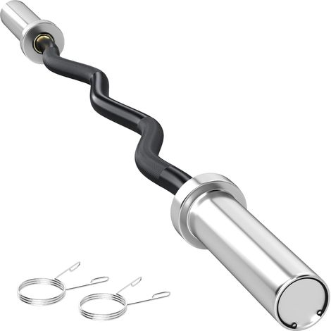 Barre de musculation en acier de 120 cm, barre EZ Curl avec 2 pinces, capacité de charge de 100 kg pour disques de Ø5 cm, noir et argent (1/5)