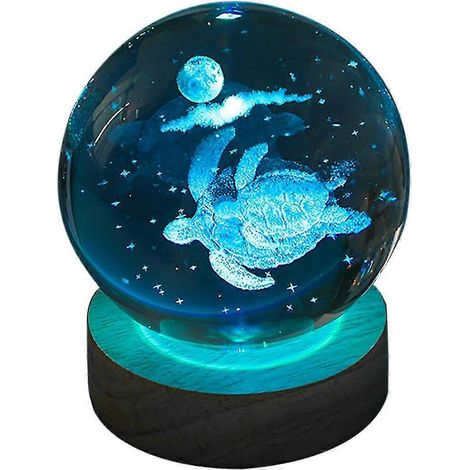 Lampe boule de cristal tortue 3D avec socle en bois, veilleuse colorée de 6 cm, cadeau idéal pour la décoration intérieure. (1/5)