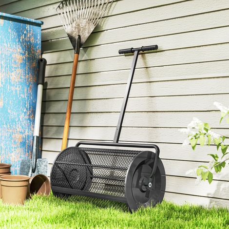 Épandeur de compost 75 L 61 x 40 cm, épandeur d'engrais pour pelouse et jardin avec poignée en T et panier en maille, métal noir (1/5)
