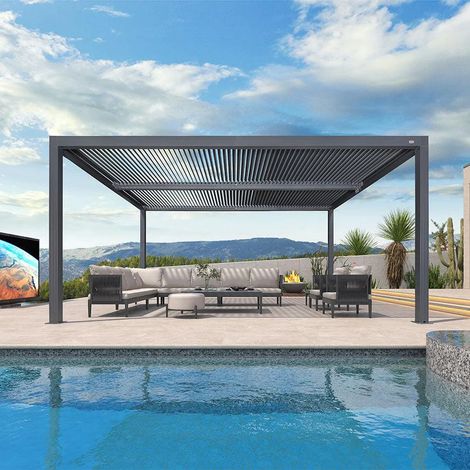 PURPLE LEAF Pergola Bioclimatique 4,8 x 3,68 m Pergola Aluminium Lames Orientables Superficie 17,66 m² Tonnelle de Jardin Exterieur Belvédères pour Patio Terrasse Exterieur, Gris (1/5)