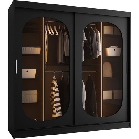 Armoire Hartford 521, Noir, 200x200x62cm, Portes d'armoire: Coulissantes, Nombre d'étagères: 9, LED: Disponible