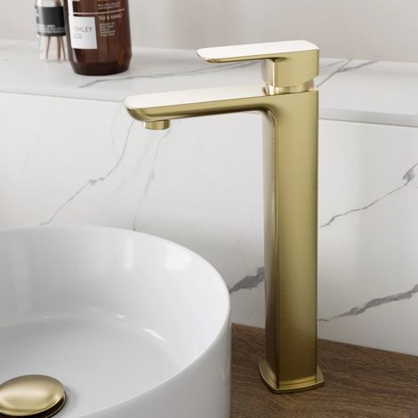Tall Basin Mixer Tap - High Rise Square Single Lever - Brushed Brass (1/5)