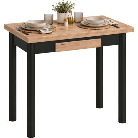 Mesa Cocina Extensible Kitchi Libro 1 Cajón Negro Roble 80x76x40-80 cm