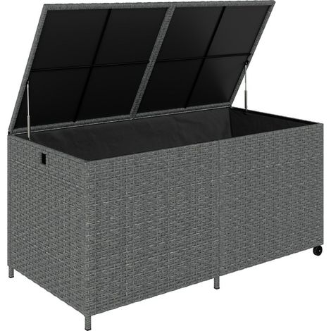 Boîte de rangement de jardin 650L en rotin gris foncé, résistante aux intempéries et UV, avec couvercle et roulettes, 150 × 75 × 74 cm