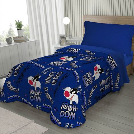 Couvre-lit simple pour enfants 170x250 Blue Sylvester Cat – Courtepointe légère 80 g/m² en microfibre, fabriquée en Italie (1/5)