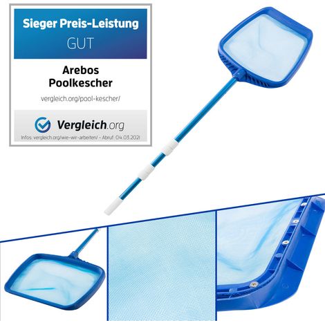 AREBOS Poolkescher mit Teleskopstange Poolreinigung Bodenkescher Länge von 1,20-1,90 m Große Aufnahmelippe Flaches und engmaschiges Netz Blau (1/6)