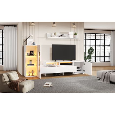 Set de meubles de salon pour télévision, composé de 3 pièces. Comprend un meuble de rangement pour la télévision, ainsi qu’un meuble suspendu. Couleur blanche. Taille maximale du téléviseur : 70 pouce (1/5)