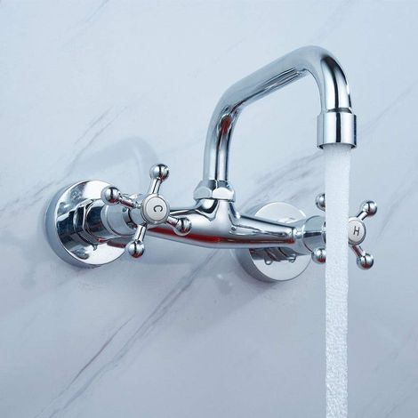 Küchenarmatur, Wasserhahn mit schwenkbarem Auslauf, Retro-Stil, Antik-Look, zwei Drehregler, zwei Befestigungslöcher, massives Messing, zur Wandmontage (1/5)
