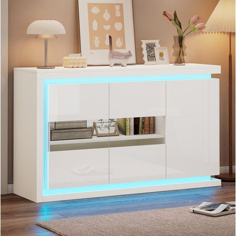 Aparador de aglomerado blanco brillo 140 x 40 x 84 cm, 3 puertas con 2 de vidrio templado, 2 baldas ajustables y LED (1/5)