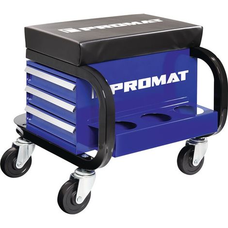 Sedile da officina con ruote e portaoggetti, rivestimento in pelle blu / nero PROMAT
