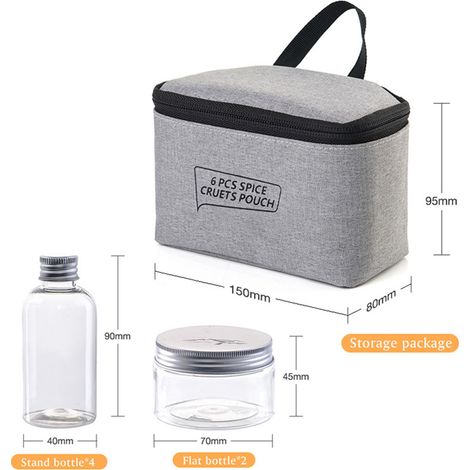 Lot de 6 flacons à épices portable avec sac de rangement, récipients cuisine pour sel poivre vanille, 2 plats 4 verticaux, polyester 300D PVC PET (1/4)