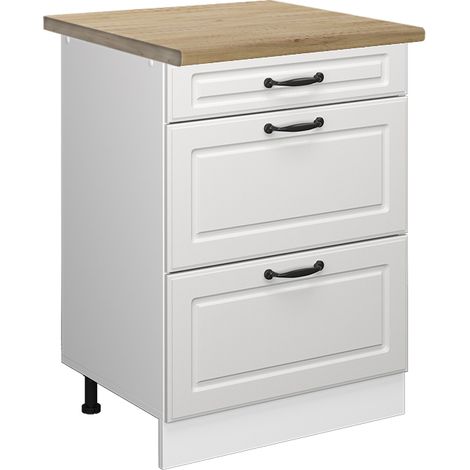 Küchenunterschrank R-Line, Weiß Landhaus, 60 cm mit Schubladen, AP Eiche, Vicco